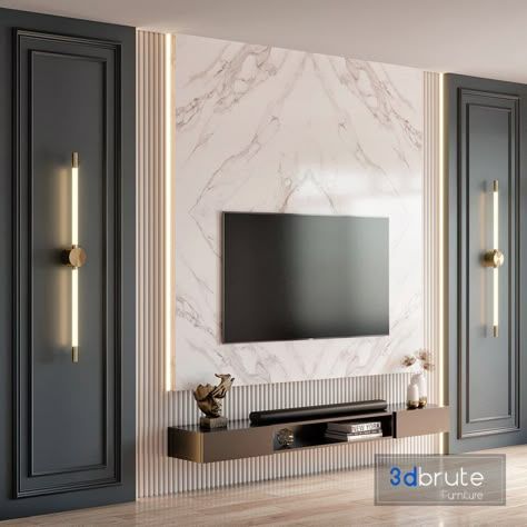 Luxury Marble & Fluted Panel Media Wall Unit