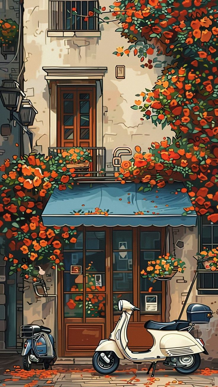 Mediterranean Cafe Scene with Blooming Orange Flowers